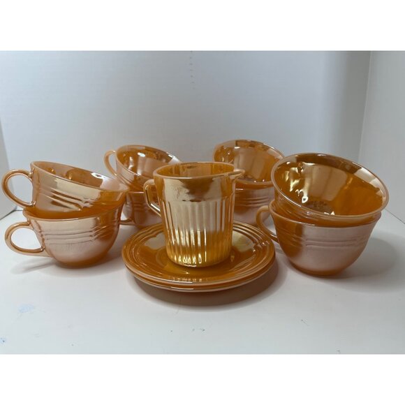 Fire King Peach Luster 8 Cups, 2 Saucers, Creamer NOS - Picture 7 of 8